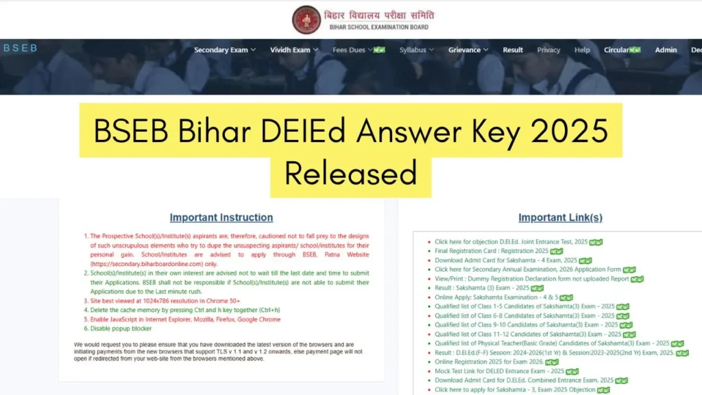 BSEB Bihar DEIEd Answer Key 2025
