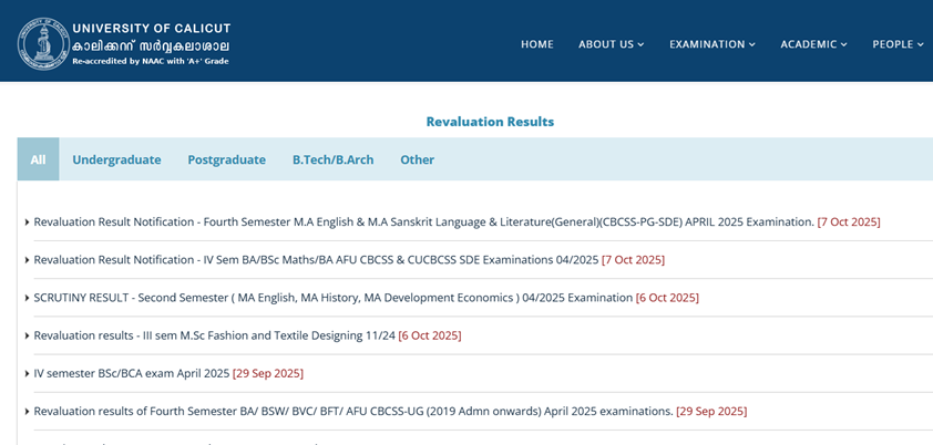 Calicut University Revaluation Result 2025